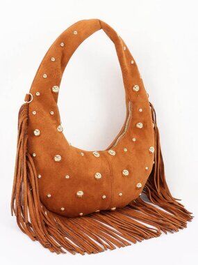 Metal Studded Fringe Hobo Bag Faux Suede